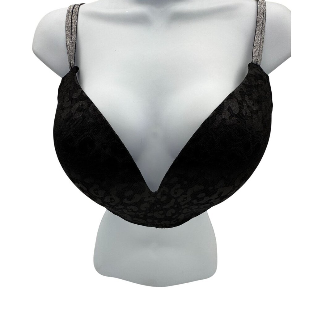 Bebe Womens Leopard Push-Up Bra Size 38DD Black Padded Glitter Sexy Lace Casual